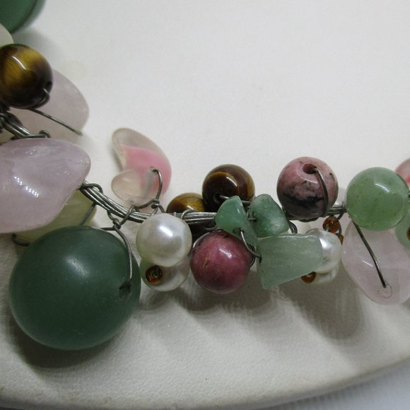 Green Onyx Jade Tiger Eye Rose Quartz Pearl Necklace Multi Gemstone Wire Wrap - Picture 8 of 9